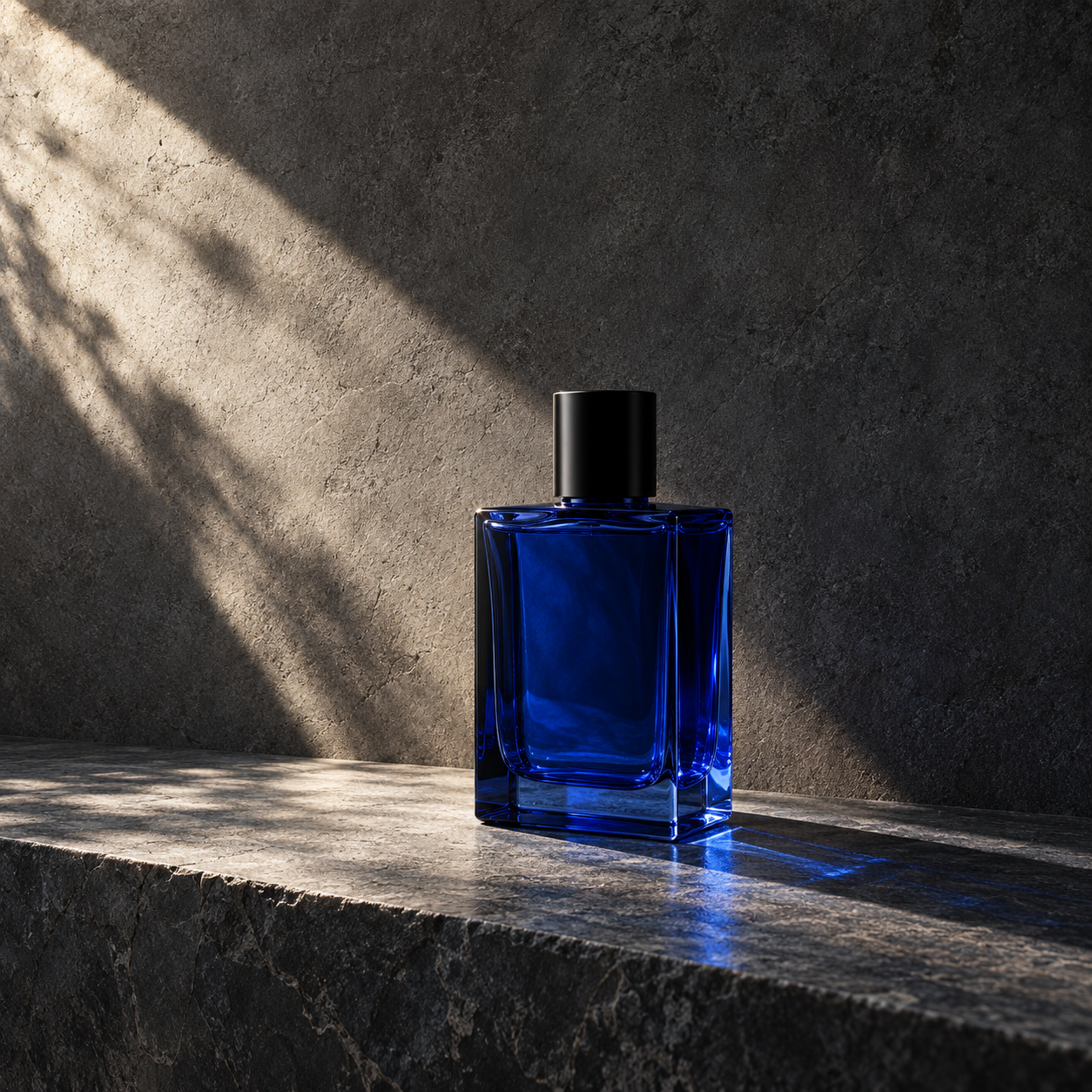 Composición creativa de un frasco azul, luz natural y sombras sobre piedra