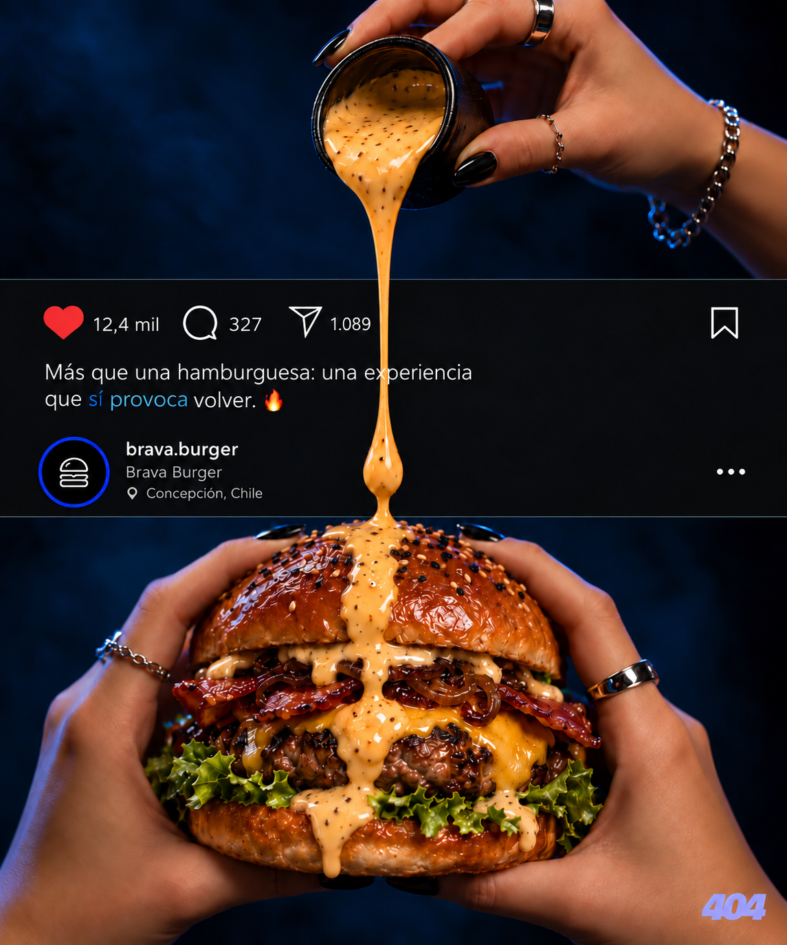Pieza de redes para Brava Burger con hamburguesa y salsa cremosa